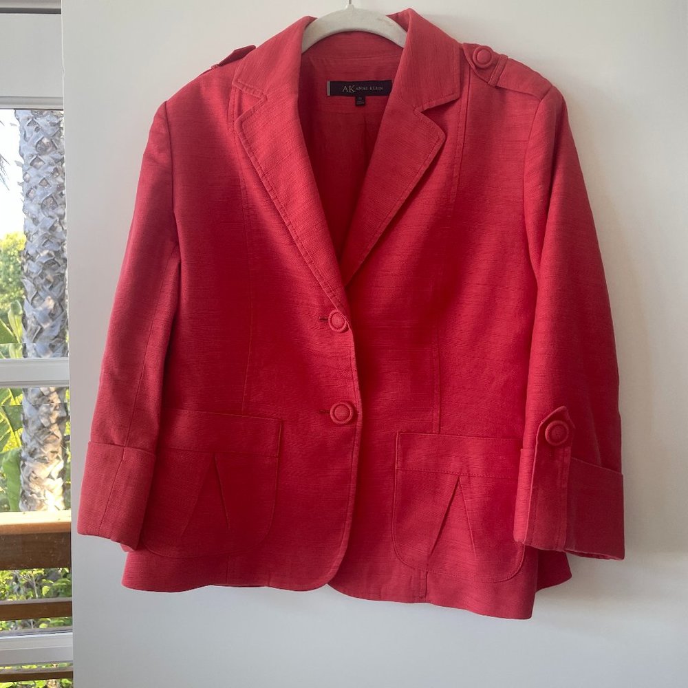 Anne Klein Short Coral‎  Red Blazer with Cuffed 3/4 Sleeves, Size  12